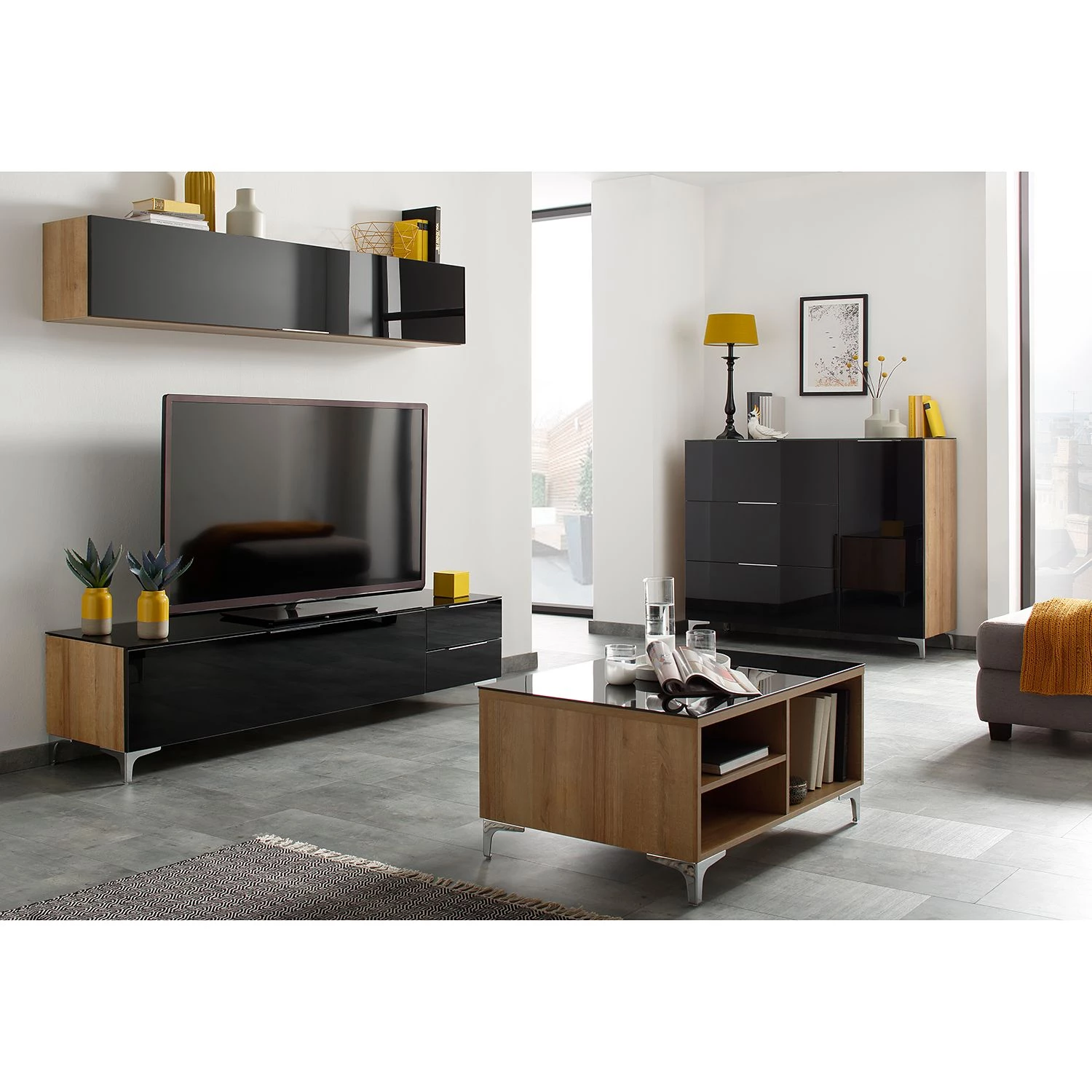 Maja Möbel Commode Shino II - Verre noir / Imitation chêne de Riviera 2 Maja Möbel Commode Shino II - Verre noir / Imitation chêne de Riviera – Image 2